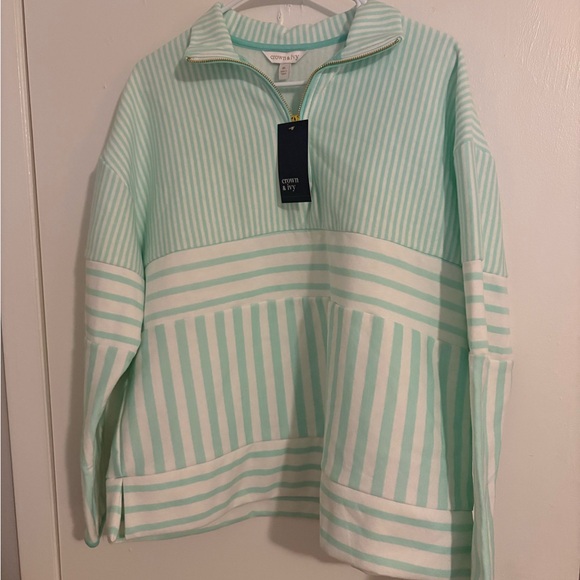 crown & ivy Tops - NWT Crown & Ivy Aqua Striped Quarter-Zip Top